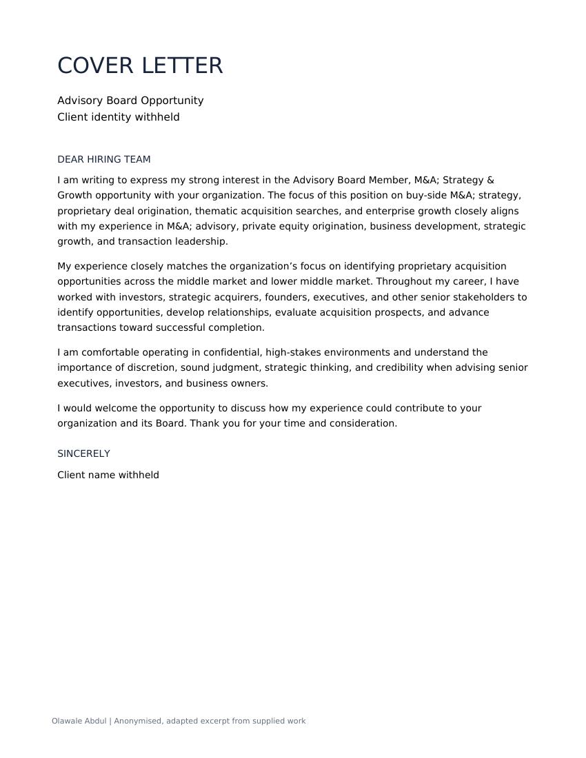 Cover Letter anonymised document excerpt