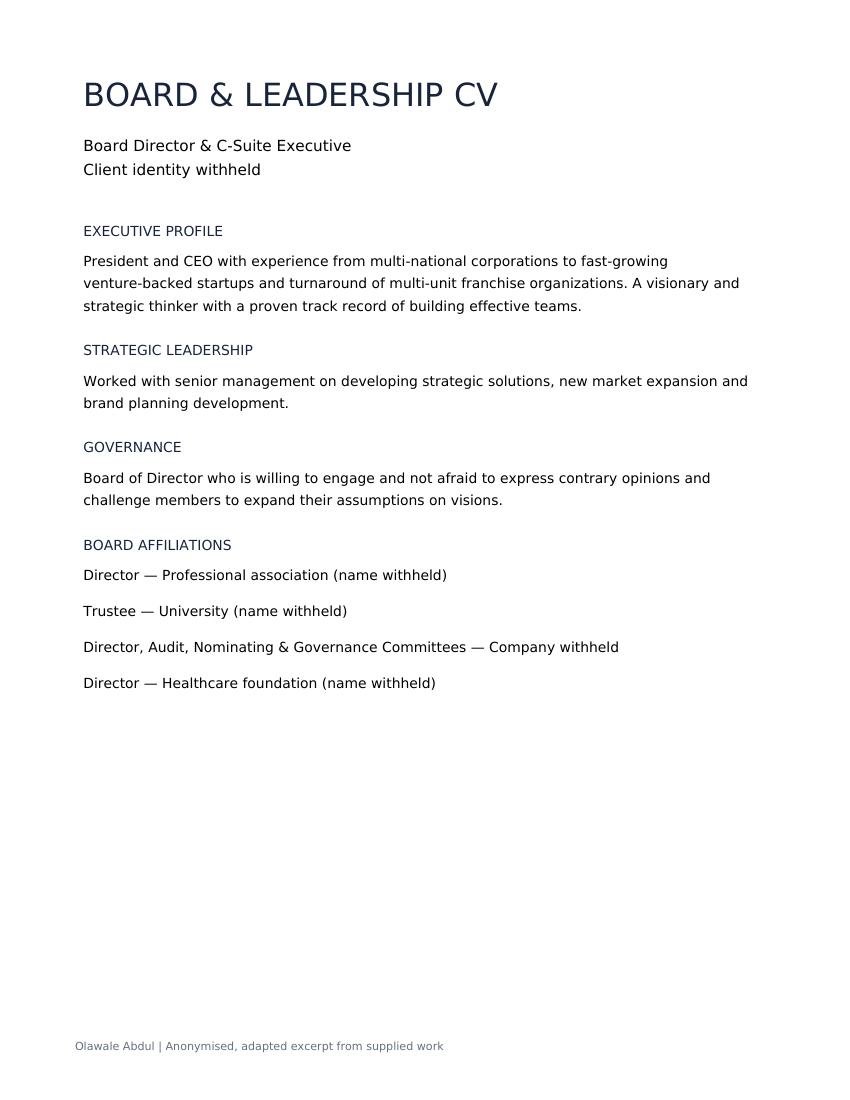 Board & Leadership CV anonymised document excerpt