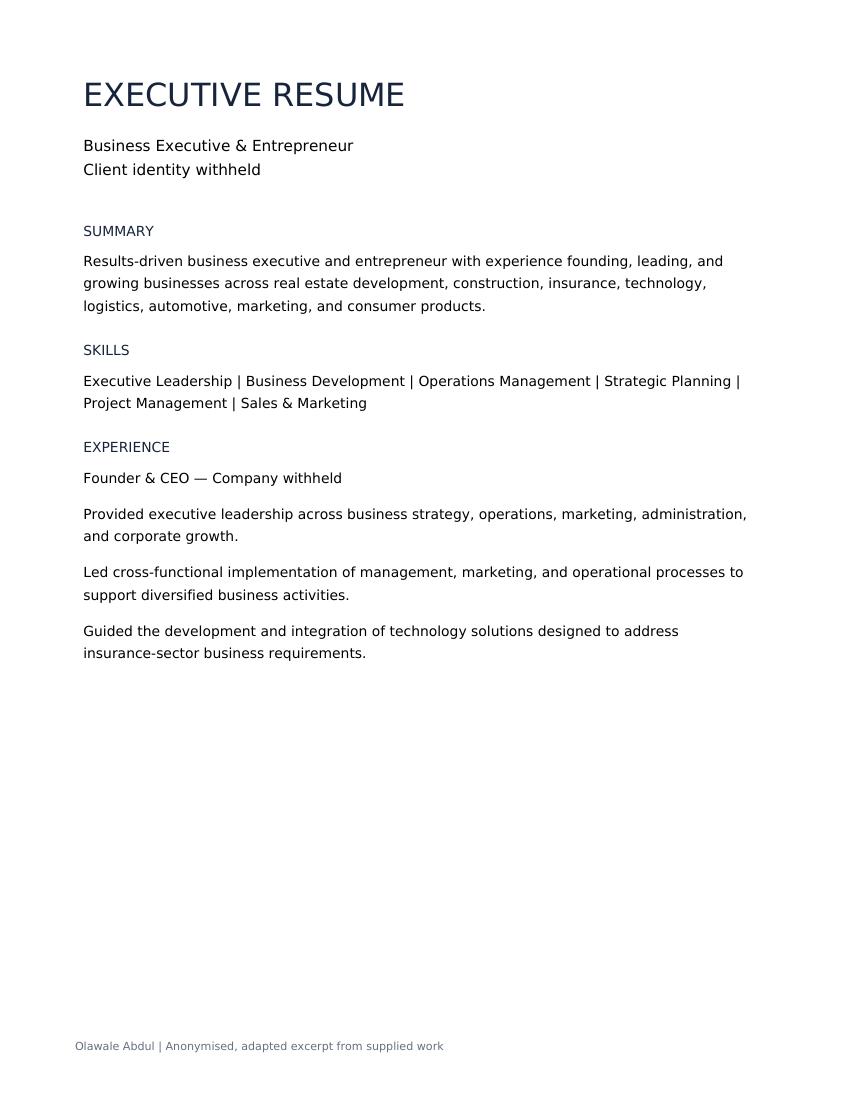 Executive Resume anonymised document excerpt