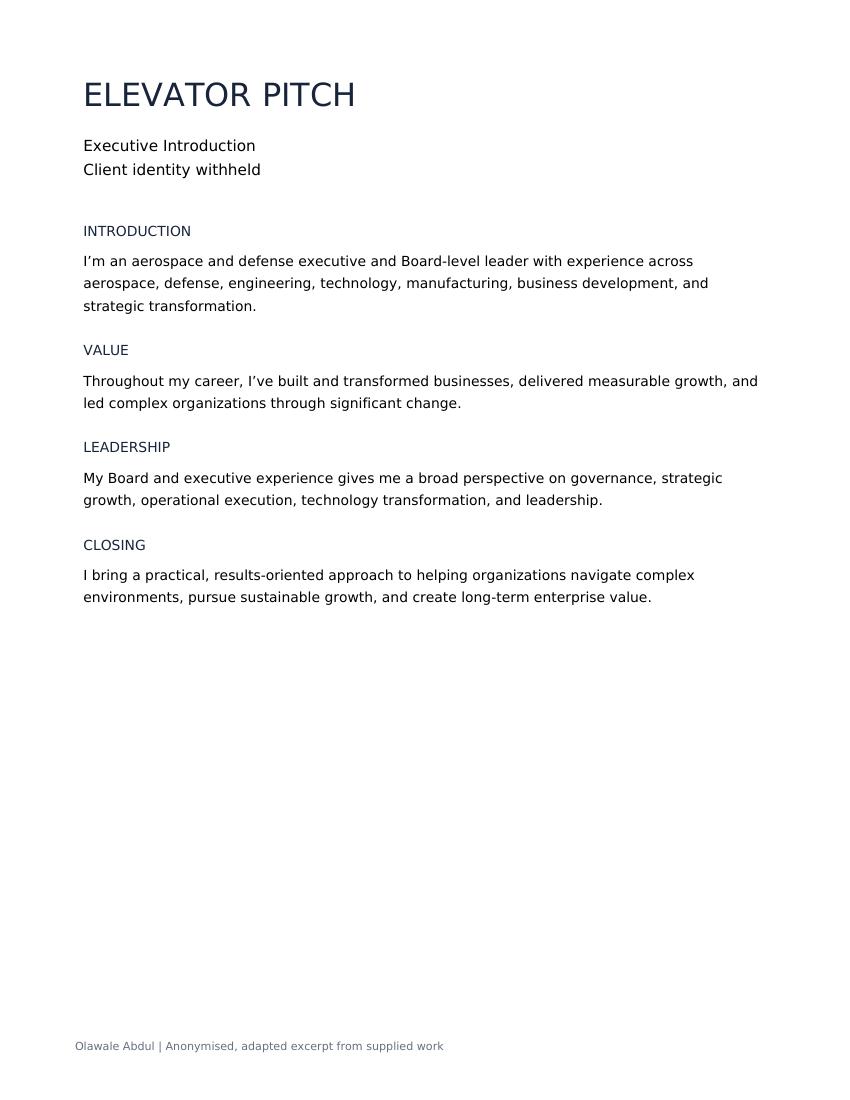 Elevator Pitch anonymised document excerpt