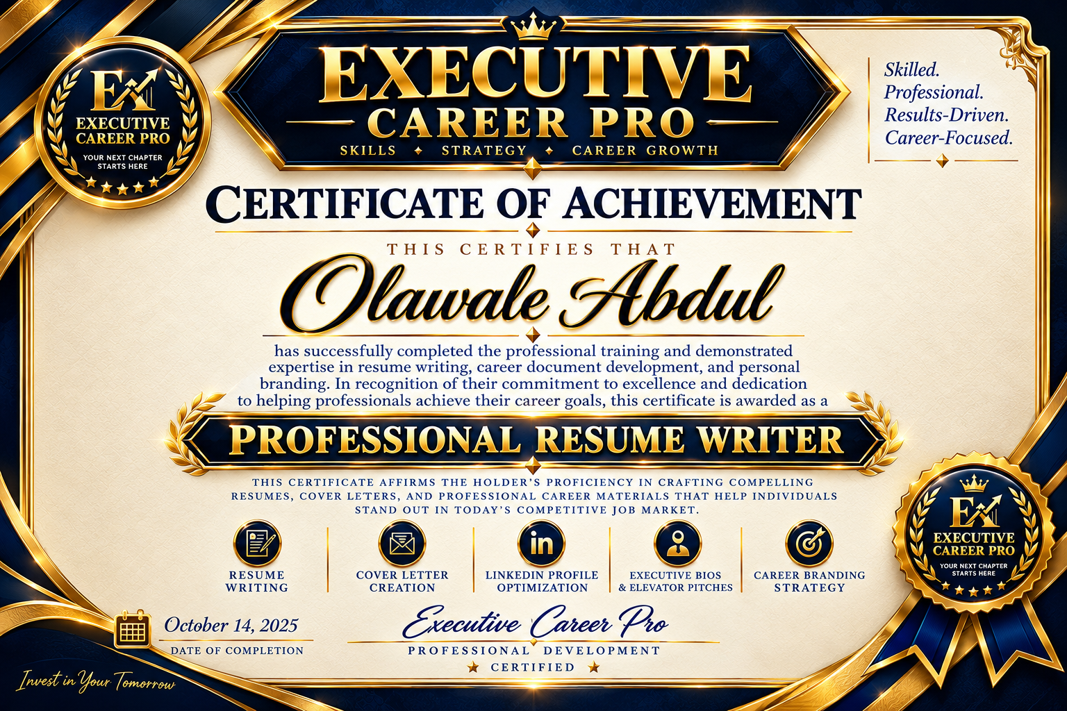 Executive Career Pro Certificate of Achievement naming Olawale Abdul as Professional Resume Writer, dated October 14, 2025
